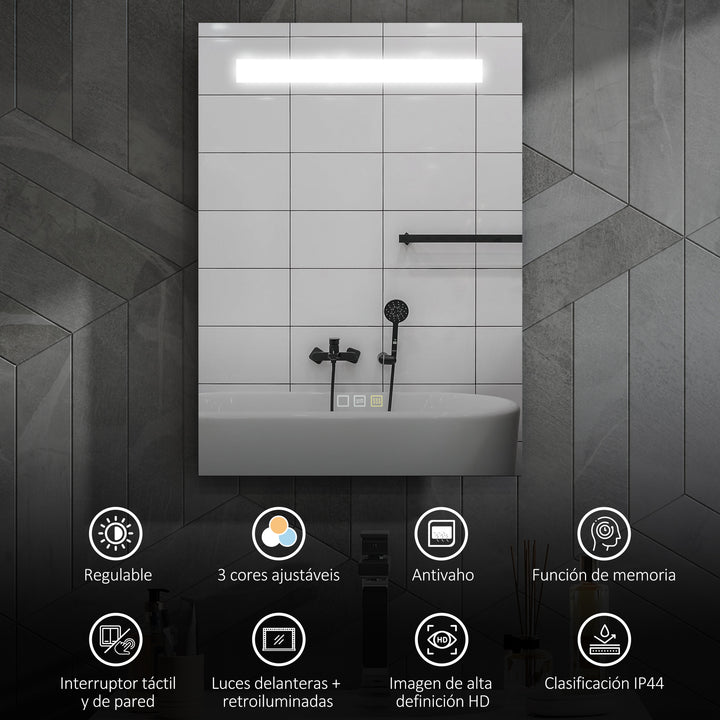 Espelho de Casa de Banho com Luz LED 70x50 cm Espelho de Casa de Banho de Parede com 3 Cores de Luz Função Antiembaciamento Função de Memória IP44