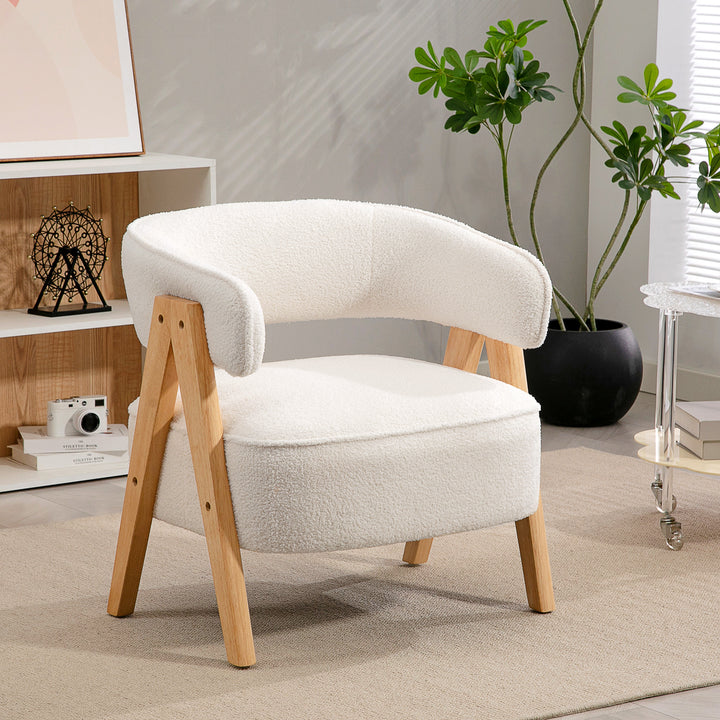 Poltrona de Sala de Estar Estofada em Borreguito Poltrona de Leitura Almofadada e Moderna Assento Largo Pés de Madeira e Encosto Curvo para Quarto Escritório 70x64x71 cm Branco