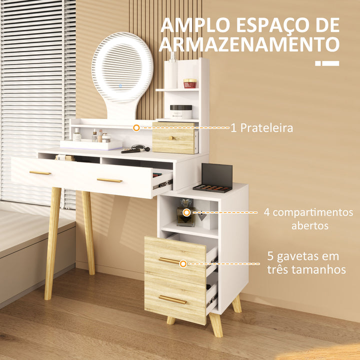 Toucador com Espelho e Luzes LED Ajustáveis Mesa de Maquilhagem Moderna com 5 Gavetas 4 Compartimentos e 1 Prateleira 100x44x137 cm Branco e Madeira