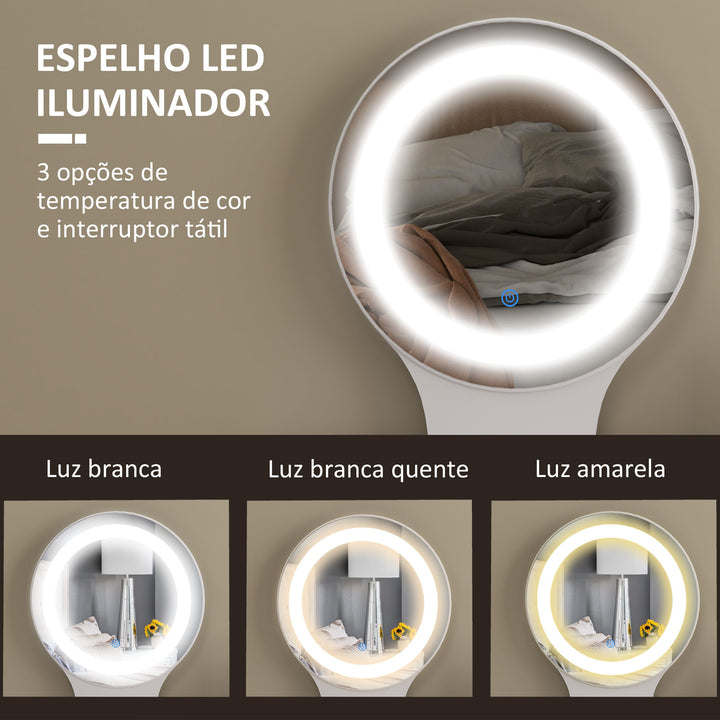 Toucador com Espelho e Luzes LED Ajustáveis Mesa de Maquilhagem Moderna com 5 Gavetas 4 Compartimentos e 1 Prateleira 100x44x137 cm Branco e Madeira