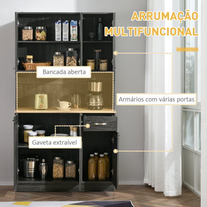 Armário de Cozinha Aparador de Sala de Jantar com 1 Gaveta 6 Portas e Prateleiras Ajustáveis Estilo Moderno 101x39x180 cm Preto e Madeira