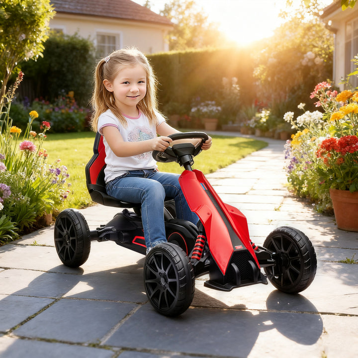 Kart a Pedais Infantil Kart a Pedais para Crianças de 3-8 Anos com Assento Ajustável em 4 Posições, Travão de Mão e Rodas de EVA Carga 30 kg 100x58x58,5 cm Vermelho