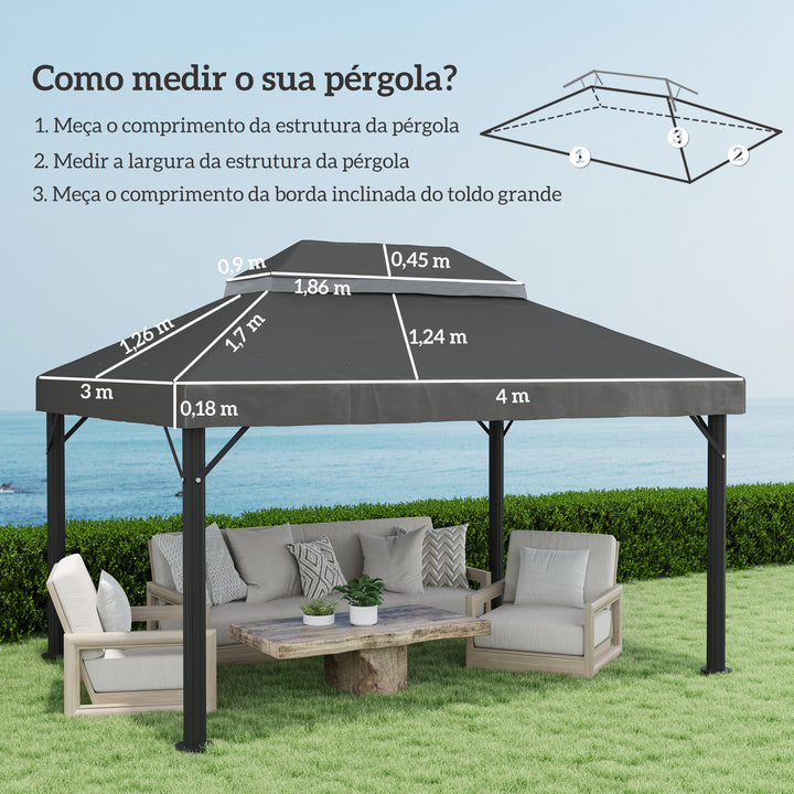 Toldo de Substituição para Pérgola 4x3 m Toldo para Pérgola com Teto Duplo Mosqueteira Proteção UV 30+ Toldo de Substituição para Pérgula Cinza