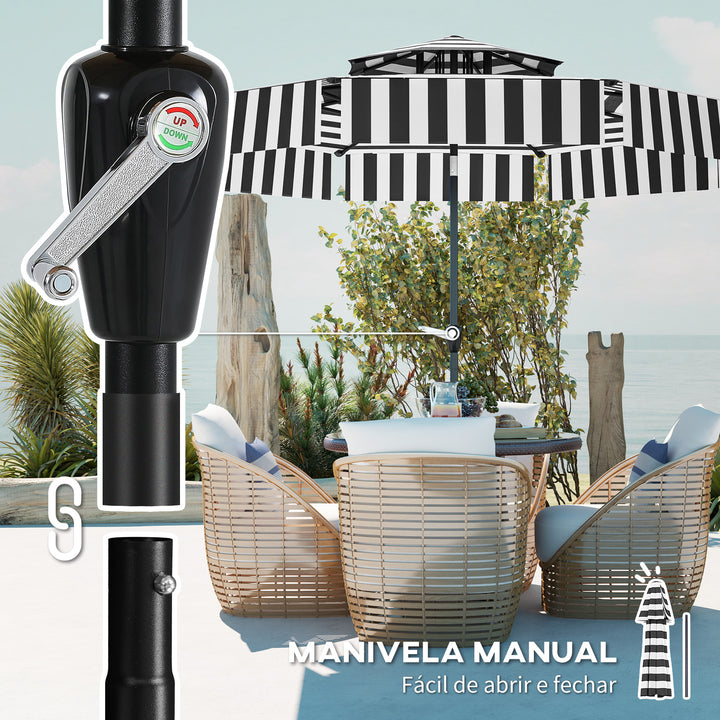 Chapéu de Sol para Jardim Ø263 cm Chapéu de Sol de Exterior com Ângulo Ajustável e Manivela Proteção UV30+ Chapéu de sol para Pátio Varanda Preto e Branco