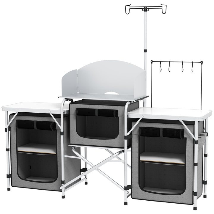 Móvel de Cozinha para Campismo Armário para Campismo Dobrável com 3 Tampos 3 Armários Suporte de Luz 4 Ganchos e Bolsa de Transporte para Campismo Piquenique 172x48x119 cm Cinza