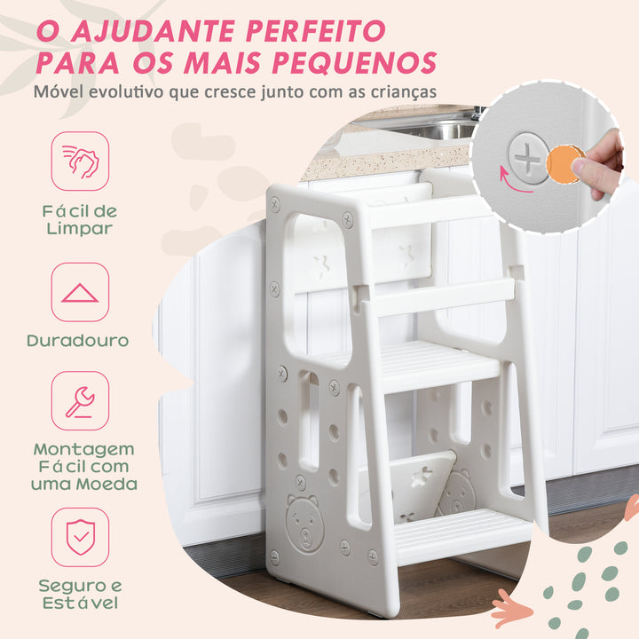 Torre de Aprendizagem para Crianças com Altura Ajustável em 3 Posições e Plataforma Antiderrapante para Cozinha Sala de Jantar Casa de Banho 47x47x90cm Branco