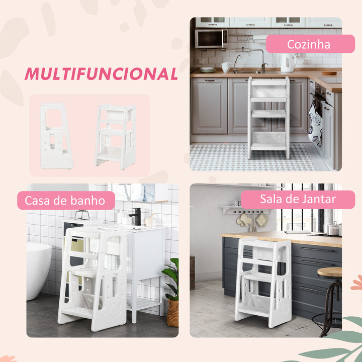 Torre de Aprendizagem para Crianças com Altura Ajustável em 3 Posições e Plataforma Antiderrapante para Cozinha Sala de Jantar Casa de Banho 47x47x90cm Branco