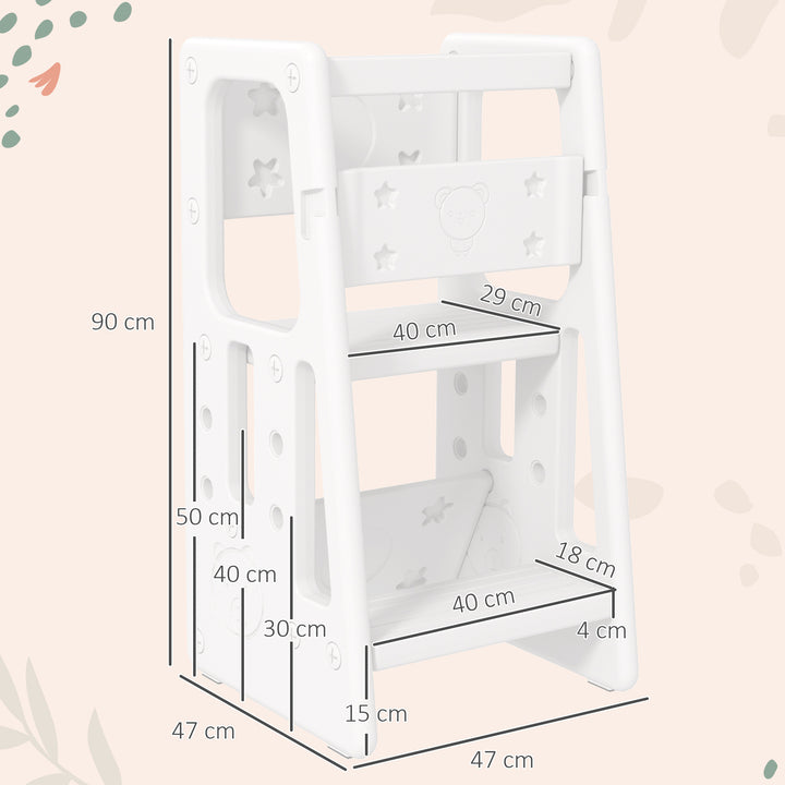 Torre de Aprendizagem para Crianças com Altura Ajustável em 3 Posições e Plataforma Antiderrapante para Cozinha Sala de Jantar Casa de Banho 47x47x90cm Branco