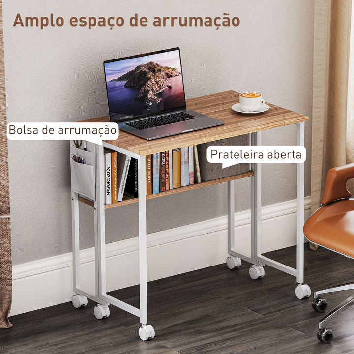 Secretária Dobrável com Rodas e Prateleira Mesa Secretária Compacta com Bolsa de Armazenamento Mesa para Computador Portátil para Casa Escritório Espaços Pequenos 80x50x75 cm Madeira e Branco