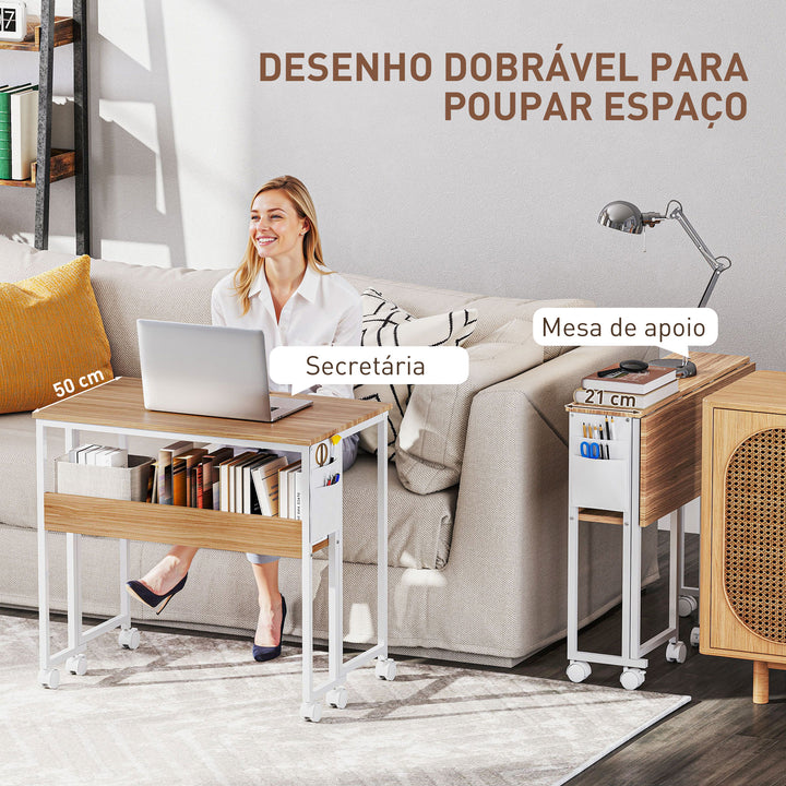 Secretária Dobrável com Rodas e Prateleira Mesa Secretária Compacta com Bolsa de Armazenamento Mesa para Computador Portátil para Casa Escritório Espaços Pequenos 80x50x75 cm Madeira e Branco