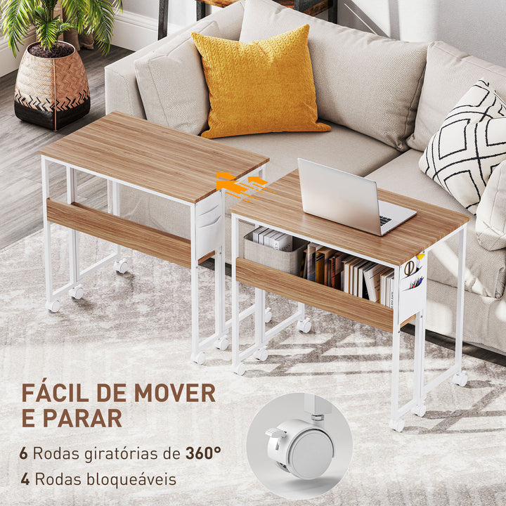 Secretária Dobrável com Rodas e Prateleira Mesa Secretária Compacta com Bolsa de Armazenamento Mesa para Computador Portátil para Casa Escritório Espaços Pequenos 80x50x75 cm Madeira e Branco