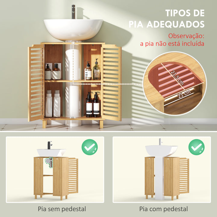 Móvel para Lavatório Pousar Móvel de Casa de Banho de Bambu com 2 Portas de Ripas Prateleira Ajustável para Lavatórios com ou sem Pedestal 60x30x80 cm Madeira