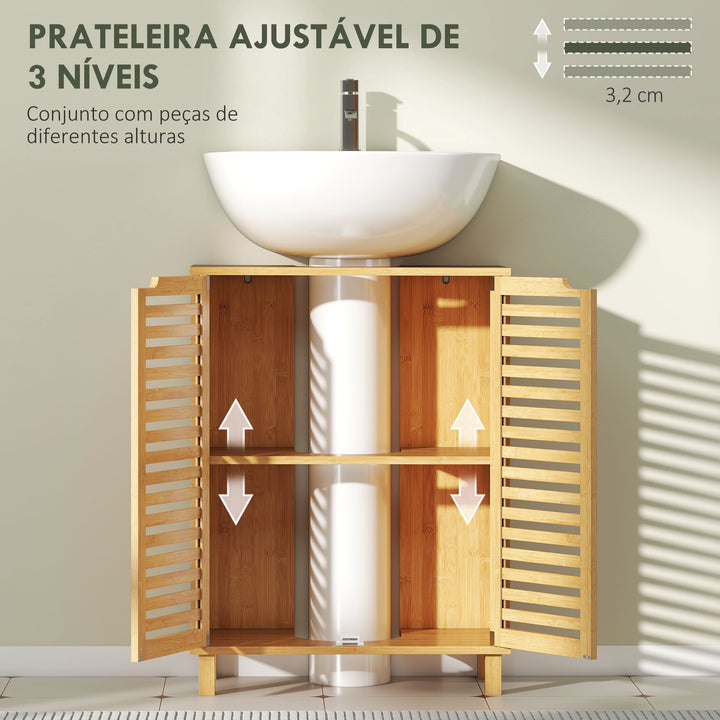 Móvel para Lavatório Pousar Móvel de Casa de Banho de Bambu com 2 Portas de Ripas Prateleira Ajustável para Lavatórios com ou sem Pedestal 60x30x80 cm Madeira