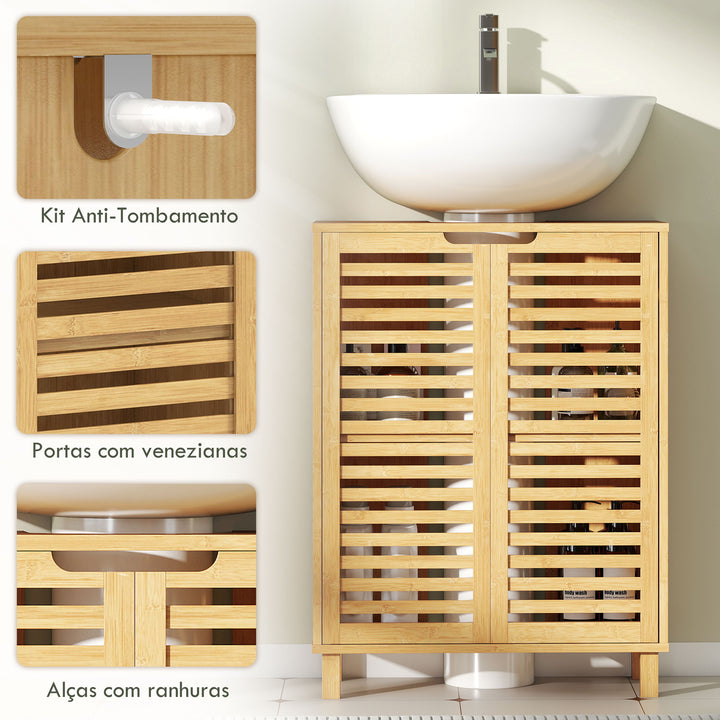 Móvel para Lavatório Pousar Móvel de Casa de Banho de Bambu com 2 Portas de Ripas Prateleira Ajustável para Lavatórios com ou sem Pedestal 60x30x80 cm Madeira