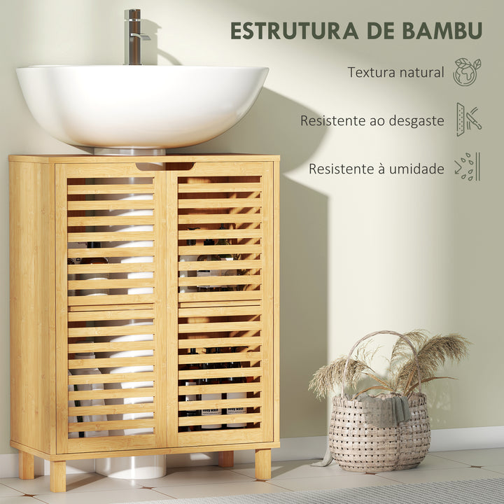 Móvel para Lavatório Pousar Móvel de Casa de Banho de Bambu com 2 Portas de Ripas Prateleira Ajustável para Lavatórios com ou sem Pedestal 60x30x80 cm Madeira