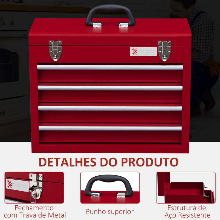 Caixa de Ferramentas de Aço com 2 Gavetas Tampa Abatível e Fechaduras Metálicas Mala de Ferramentas Portátil para Oficina Bricolage Casa 51x22x39,5 cm Vermelho