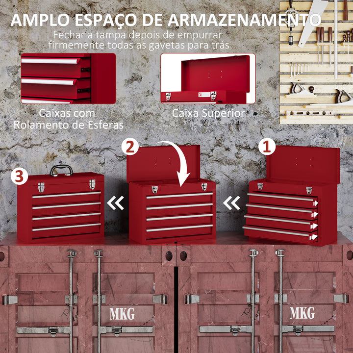 Caixa de Ferramentas de Aço com 2 Gavetas Tampa Abatível e Fechaduras Metálicas Mala de Ferramentas Portátil para Oficina Bricolage Casa 51x22x39,5 cm Vermelho