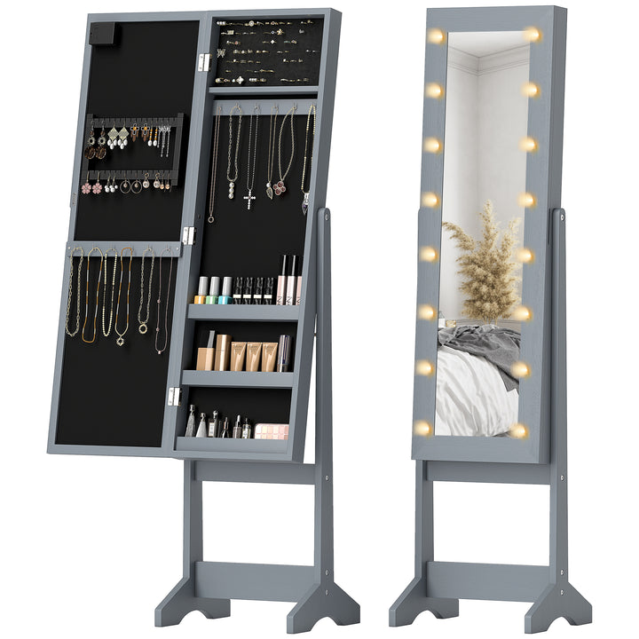 Espelho Joalheiro com Luzes LED Armário para Joias Joalheiro de Pé com Espelho Completo Ângulo Ajustável com Prateleiras Ranuras para Anéis 36x30x136 cm Cinzento