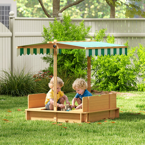 Caixa de Areia para Crianças de Madeira Caixa de Areia Infantil com Toldo Ajustável em Altura 2 Bancos e Encostos Removíveis para Pátio Jardim 106x106x121 cm Natural