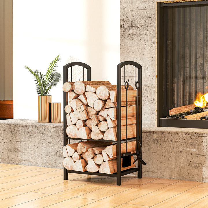 Suporte para Lenha de 2 Níveis Porta Lenha Exterior e Interior Metálico com 4 Ferramentas para Lareira Carga Máx. 100kg 40x30x74,5cm Preto