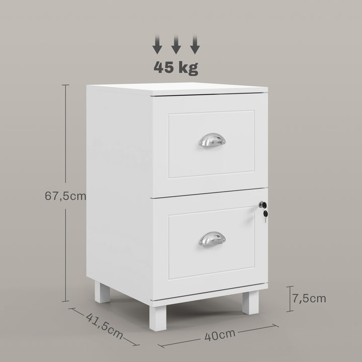Bloco de Gavetas para Escritório Móvel Arquivador com 2 Gavetas para Escritório com Fechadura e Barras para Documentos A4 e Carta 40x41,5x67,5 cm Branco