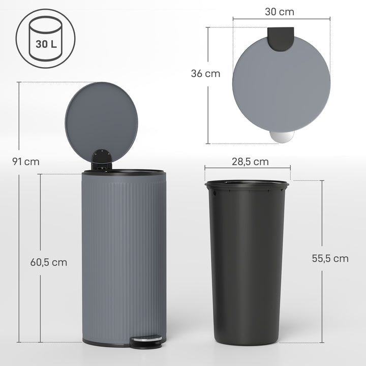Balde do Lixo para Cozinha com Pedal 30L Cubo de Lixo Metálico com Tampa de Fecho Suave e Balde Removível para Quarto Escritório Estúdio e Sala 36x30x60,5 cm Cinza Escuro