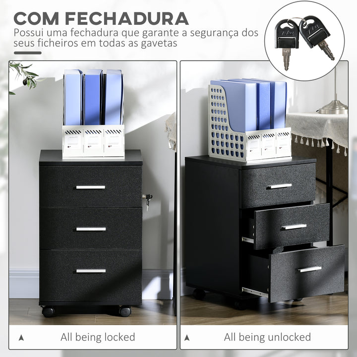Bloco de Gavetas para Escritório Móvel de Arquivos com 3 Gavetas 4 Rodas e Fechadura com 2 Chaves para Escritório Secretária Casa 40x40x61,5 cm Preto