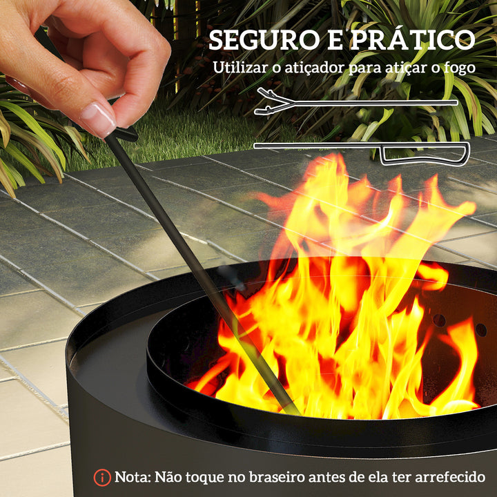 Braseiro Exterior Redondo Ø45x42 cm de Aço Braseiro de Jardim com Bandeja para Cinzas e Atizador Protetor de Faíscas para Parque de Campismo Pátio Preto