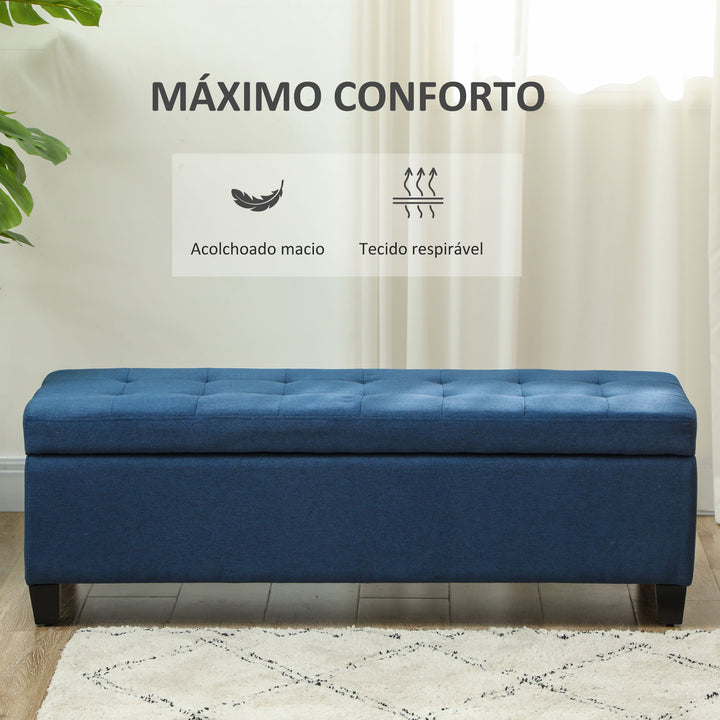 Banco de Armazenamento Acolchoado Banco Estofado em Linho Tampa com Abertura para Sala de Estar Entrada Dormitório Carga Máxima 120 kg 125x49x41,5 cm Azul Escuro