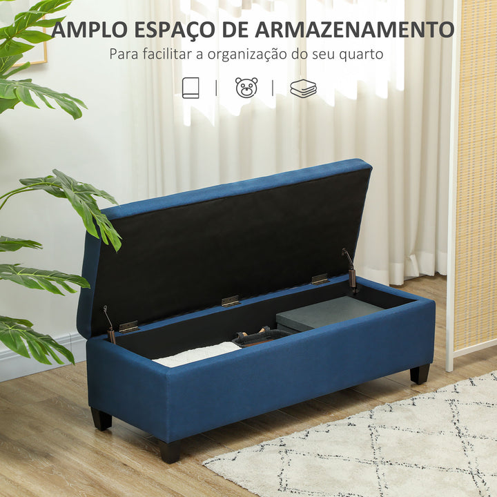 Banco de Armazenamento Acolchoado Banco Estofado em Linho Tampa com Abertura para Sala de Estar Entrada Dormitório Carga Máxima 120 kg 125x49x41,5 cm Azul Escuro