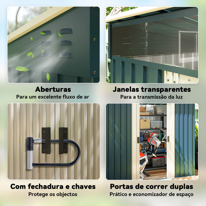 Abrigo de Jardim 2 m² 195x122x181,5 cm Abrigo de Armazenamento Metálico com Porta de Correr 2 Janelas e Anti-UV para Armazenar Ferramentas Pátio Exterior Verde