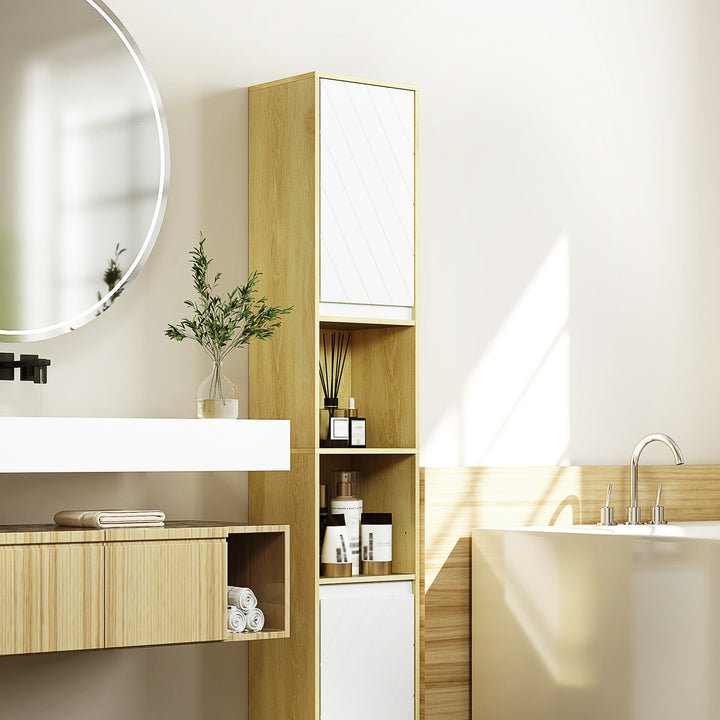 Coluna Casa de Banho com 2 Prateleiras Abertas Armário Alto para Casa de Banho com Armário Fechado e Prateleiras 30x24x170 cm Madeira e Branco
