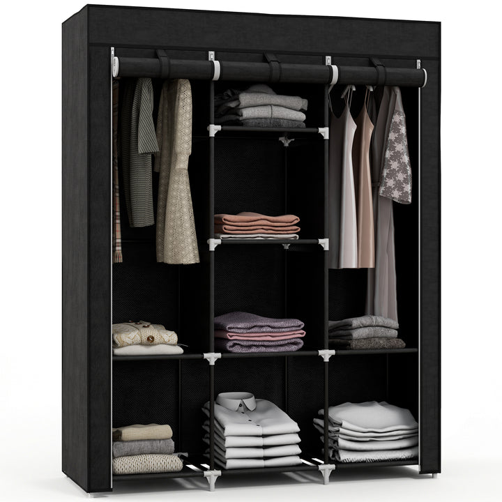 Roupeiro de Tecido Dobrável Armário Portátil com 8 Prateleiras de Armazenamento e 2 Barras de Pendurar Organizador de Roupa para Dormitório Vestidor 125x43x162,5 cm Preto