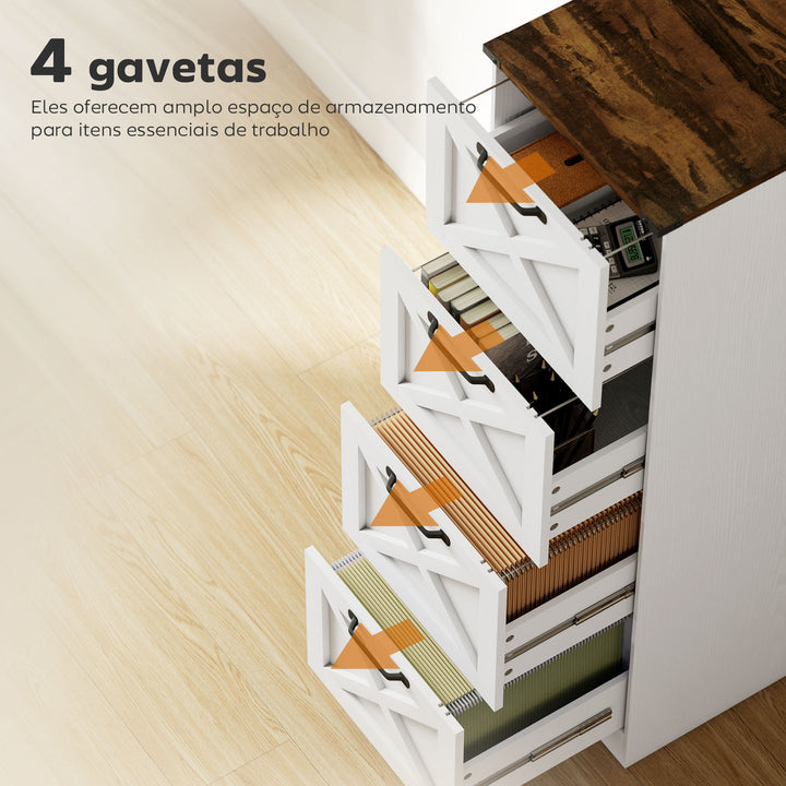 Móvel para Escritório com 4 Gavetas Bloco de Gavetas de Escritório Móvel Arquivador Suporte para Impressora com Trilho Suspenso para A4 e Carta 40x40x131 cm Branco