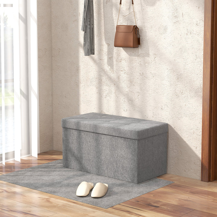 Baú de Arrumação para Quarto 84L Puff de Arrumação Dobrável Estofado em Linho Sintético com Tampa para Sala 76x38x38 cm Cinzento Claro