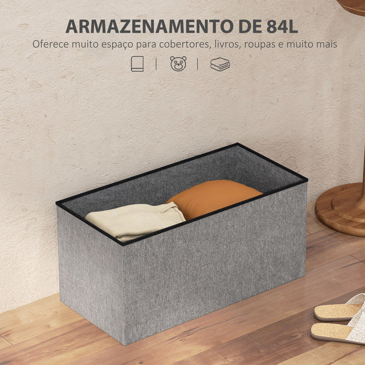 Baú de Arrumação para Quarto 84L Puff de Arrumação Dobrável Estofado em Linho Sintético com Tampa para Sala 76x38x38 cm Cinzento Claro