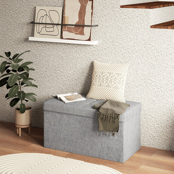 Baú de Arrumação para Quarto 84L Puff de Arrumação Dobrável Estofado em Linho Sintético com Tampa para Sala 76x38x38 cm Cinzento Claro