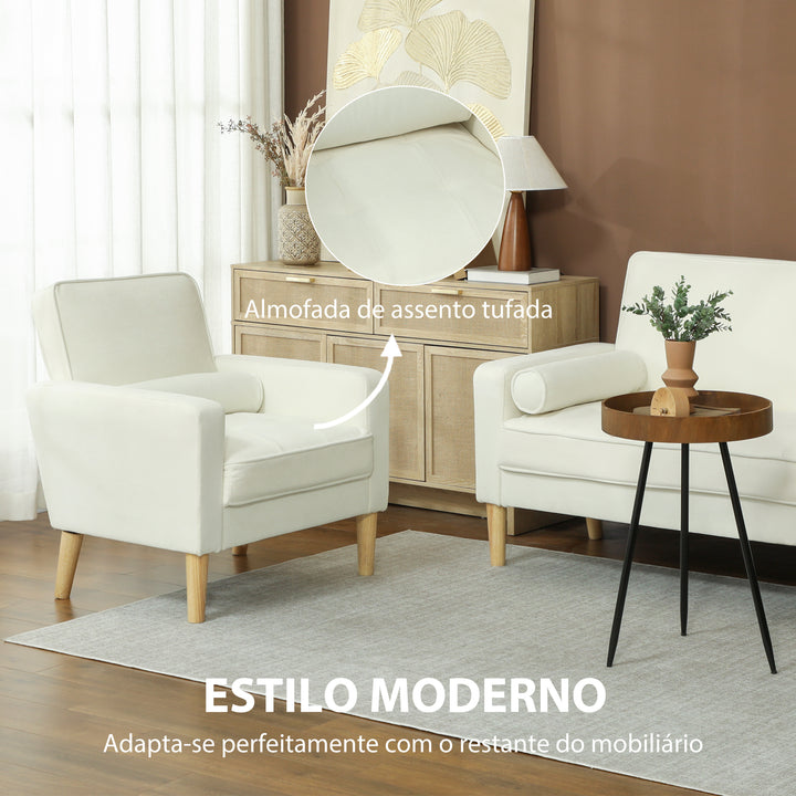 Poltrona Sala de Estar Poltrona Estofada em Veludo Poltrona de Leitura com Assento com Botões e Pés de Madeira para Quarto 76x79x82 cm Creme