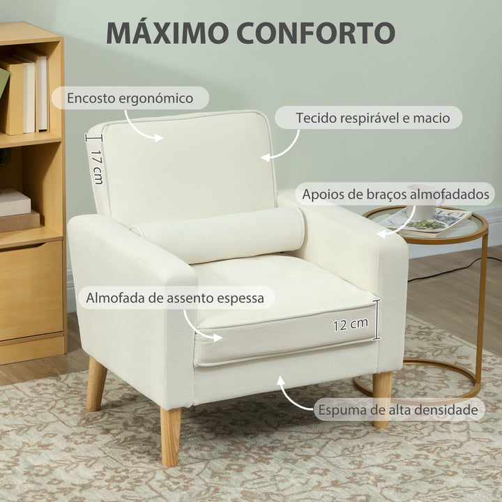 Poltrona Sala de Estar Poltrona Estofada em Veludo Poltrona de Leitura com Assento com Botões e Pés de Madeira para Quarto 76x79x82 cm Creme