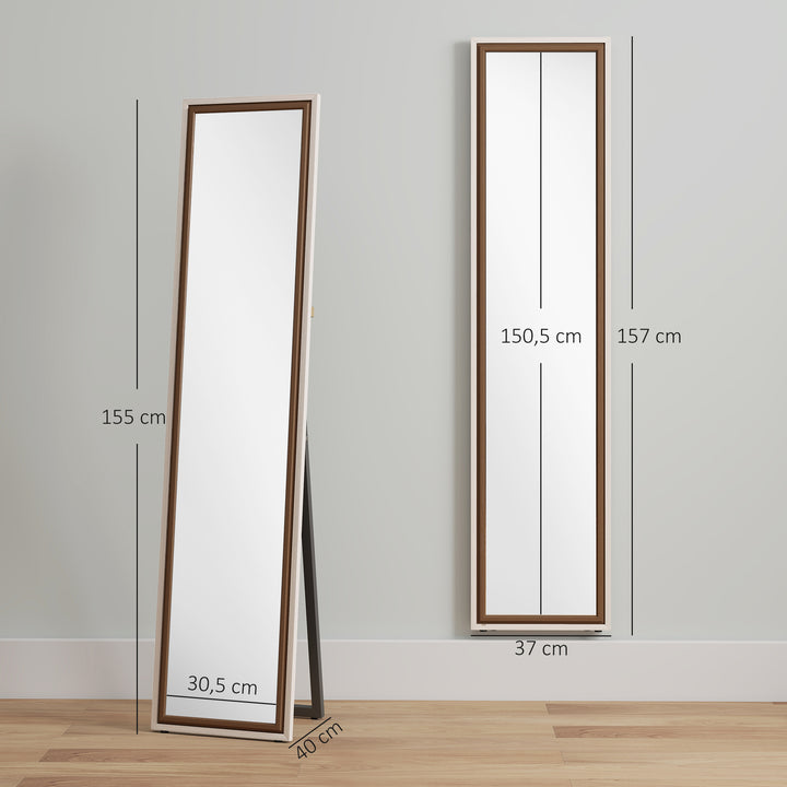 Espelho de Pé 157x37 cm Espelho Corpo Inteiro Grande com Moldura Bicolor para Utilizar Inclinado ou Suspenso para Sala Quarto Corredor Entrada Madeira Clara e Madeira Escura