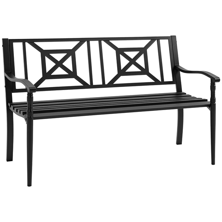 Banco de Jardim de 2 Lugares Banco de Exterior de Aço com Apoio para os Braços e Encosto Decorativo para Terraço Varanda Pátio Carga 280kg 128x62,5x81,5cm Preto