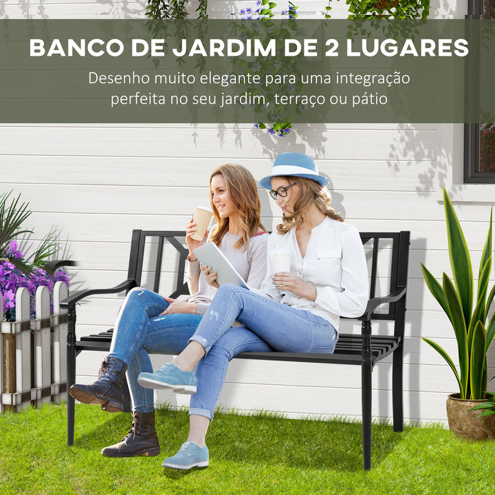 Banco de Jardim de 2 Lugares Banco de Exterior de Aço com Apoio para os Braços e Encosto Decorativo para Terraço Varanda Pátio Carga 280kg 128x62,5x81,5cm Preto