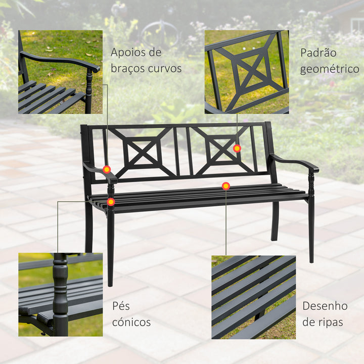 Banco de Jardim de 2 Lugares Banco de Exterior de Aço com Apoio para os Braços e Encosto Decorativo para Terraço Varanda Pátio Carga 280kg 128x62,5x81,5cm Preto
