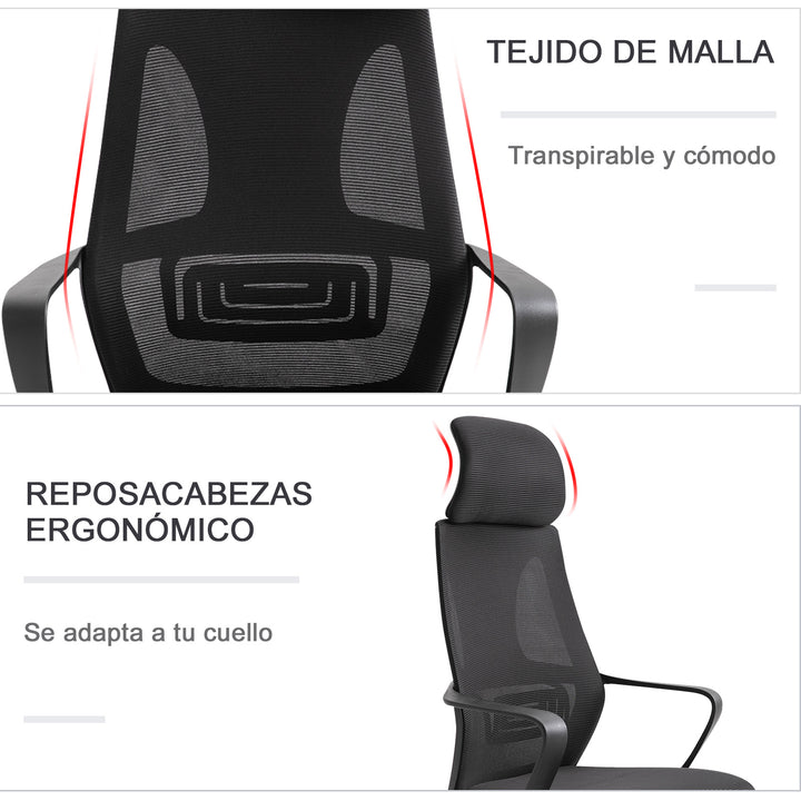 Cadeira de escritório ergonômica Cadeira de mesa inclinável ajustável em altura com encosto de braço Encosto de cabeça 5 rodas Suporta até 120 kg 64x58x116-126 cm Preto