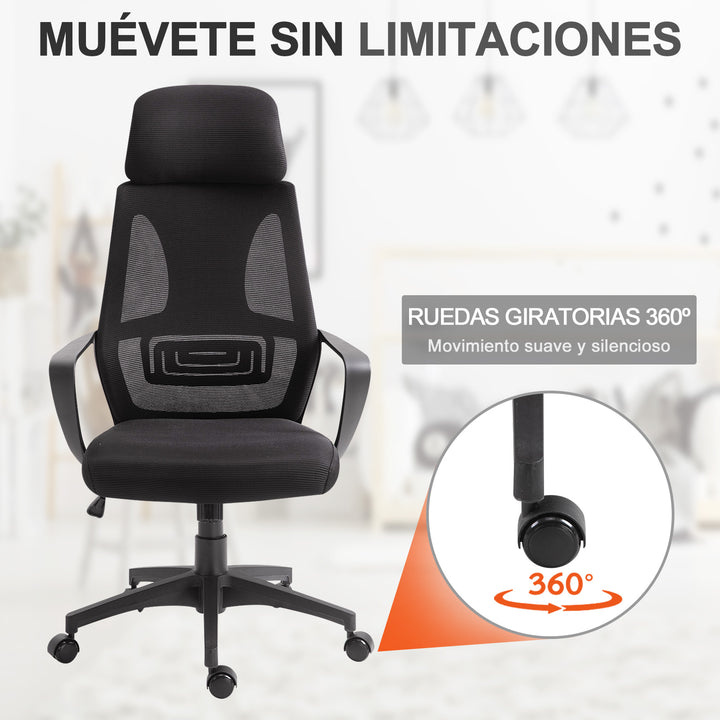Cadeira de escritório ergonômica Cadeira de mesa inclinável ajustável em altura com encosto de braço Encosto de cabeça 5 rodas Suporta até 120 kg 64x58x116-126 cm Preto