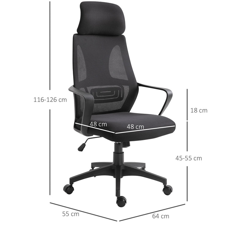 Cadeira de escritório ergonômica Cadeira de mesa inclinável ajustável em altura com encosto de braço Encosto de cabeça 5 rodas Suporta até 120 kg 64x58x116-126 cm Preto