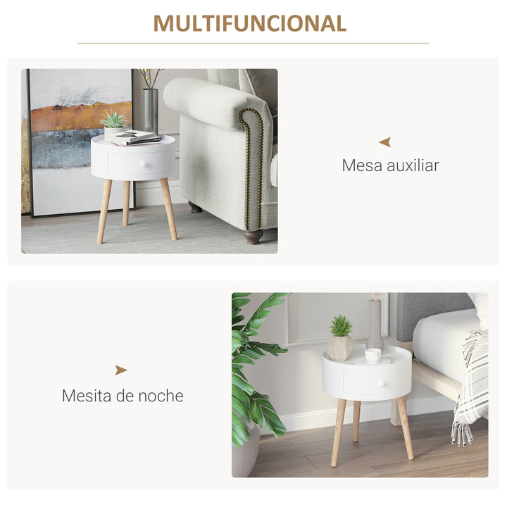 Mesa de Centro pequena mesa auxiliar mesa de cabeceira tripé com 1 gaveta borda elevada 3 Pés de Madeira ?38x45cm Branco