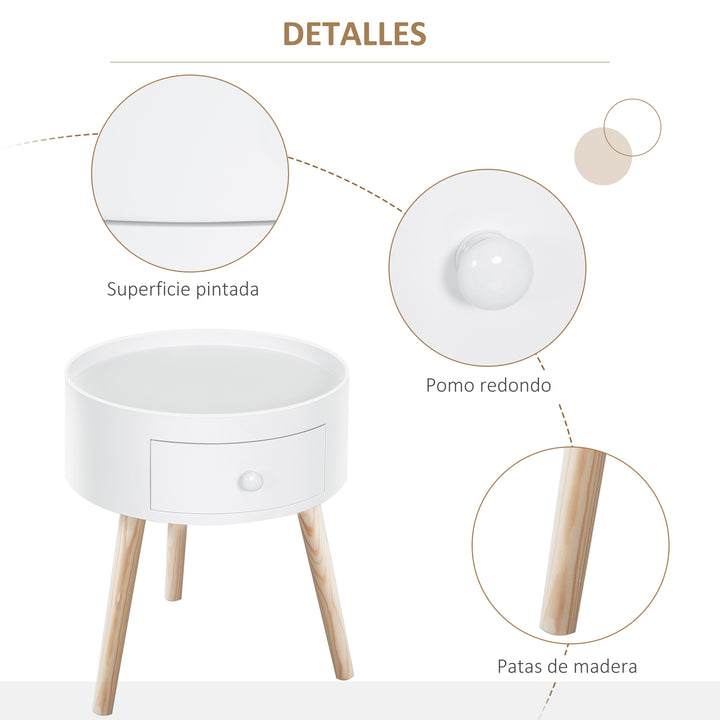 Mesa de Centro pequena mesa auxiliar mesa de cabeceira tripé com 1 gaveta borda elevada 3 Pés de Madeira ?38x45cm Branco