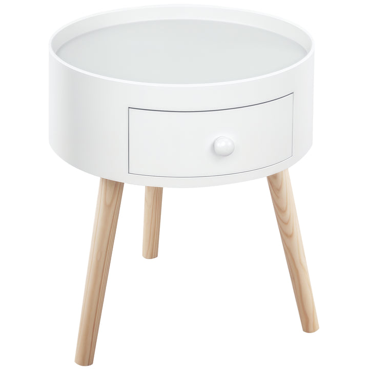 Mesa de Centro pequena mesa auxiliar mesa de cabeceira tripé com 1 gaveta borda elevada 3 Pés de Madeira ?38x45cm Branco