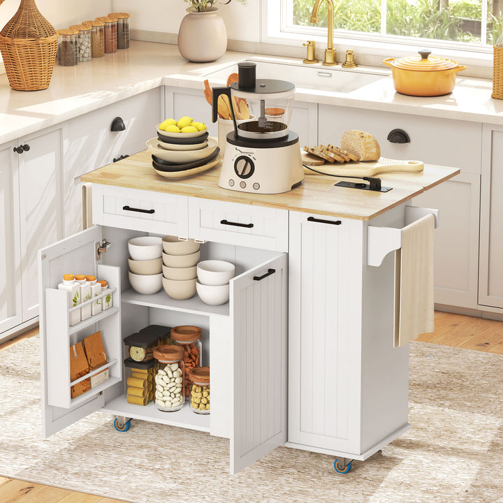 Ilha de Cozinha com Rodas Carrinho de Cozinha com Tomada USB Bancada Rebatível 2 Gavetas 2 Portas Prateleira Ajustável Porta-Temperos e Toalheiro 119,5x74x94,5 cm Branco